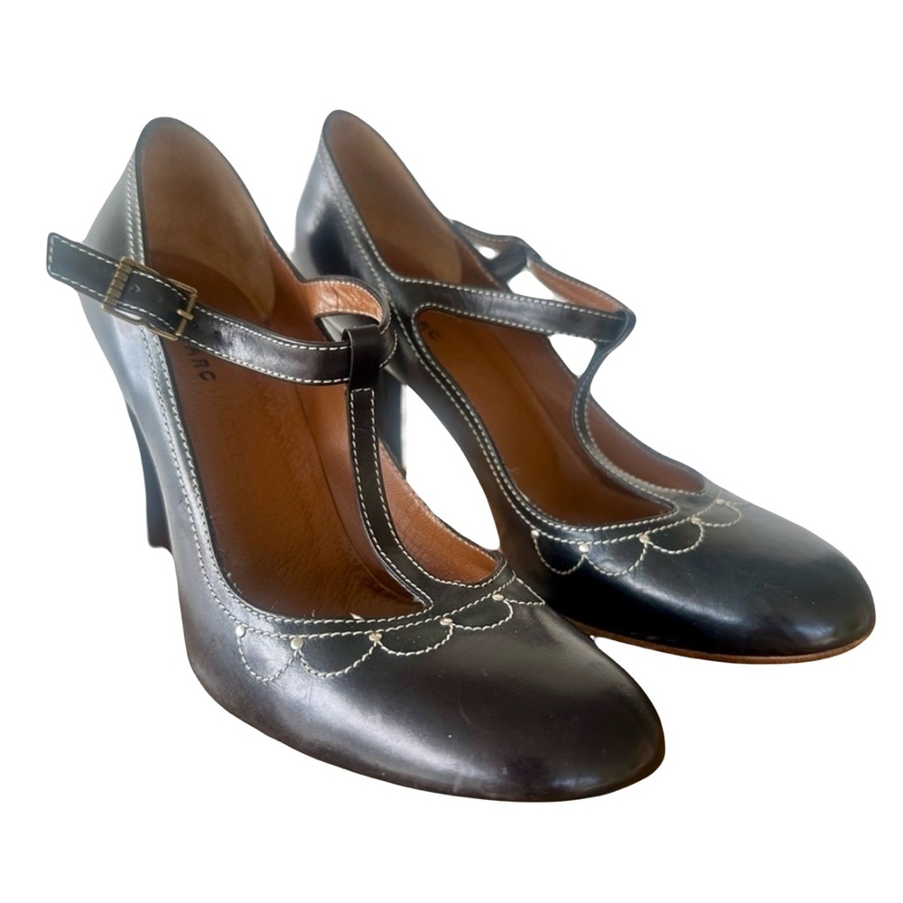 Marc Jacobs Black Leather T-Strap Heels with White Stitching